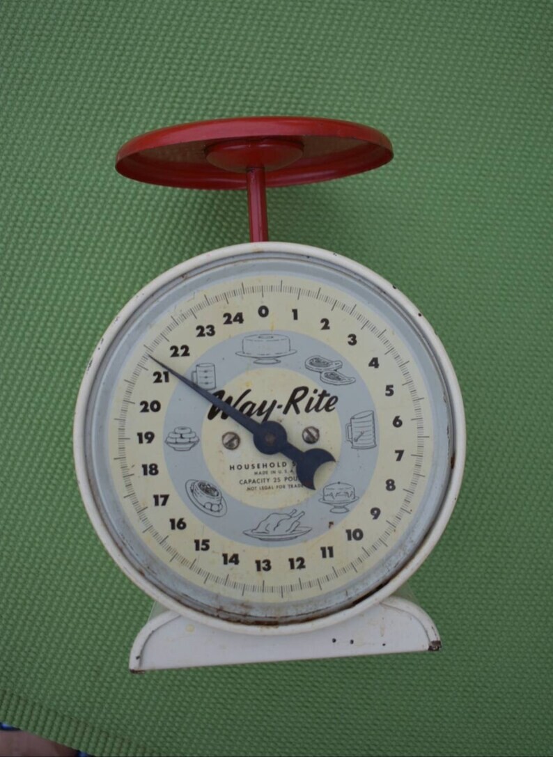 Vintage Way-Rite Household Scale, red and white retro, farmhouse, kitchen 