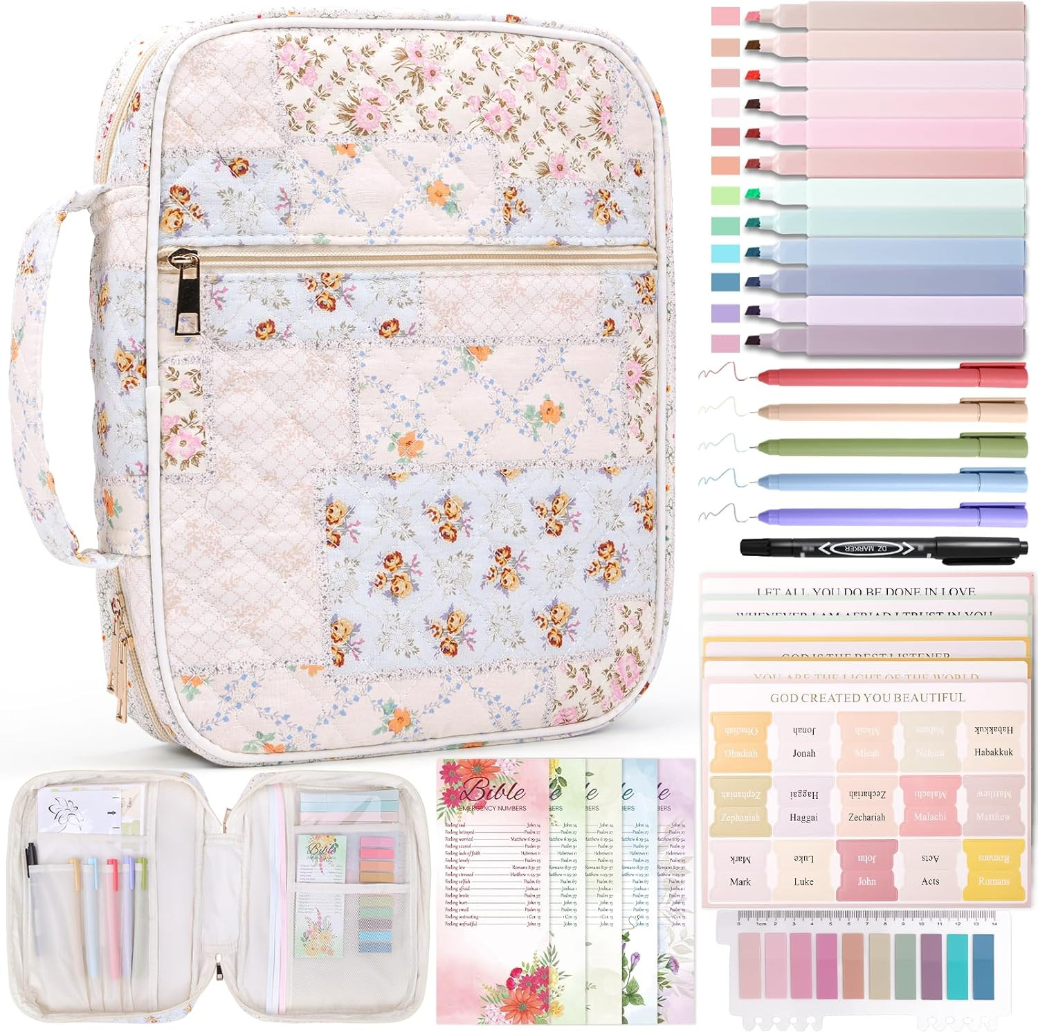 Quilted Bible Cover Case for Women with Handle and Organized Supplies