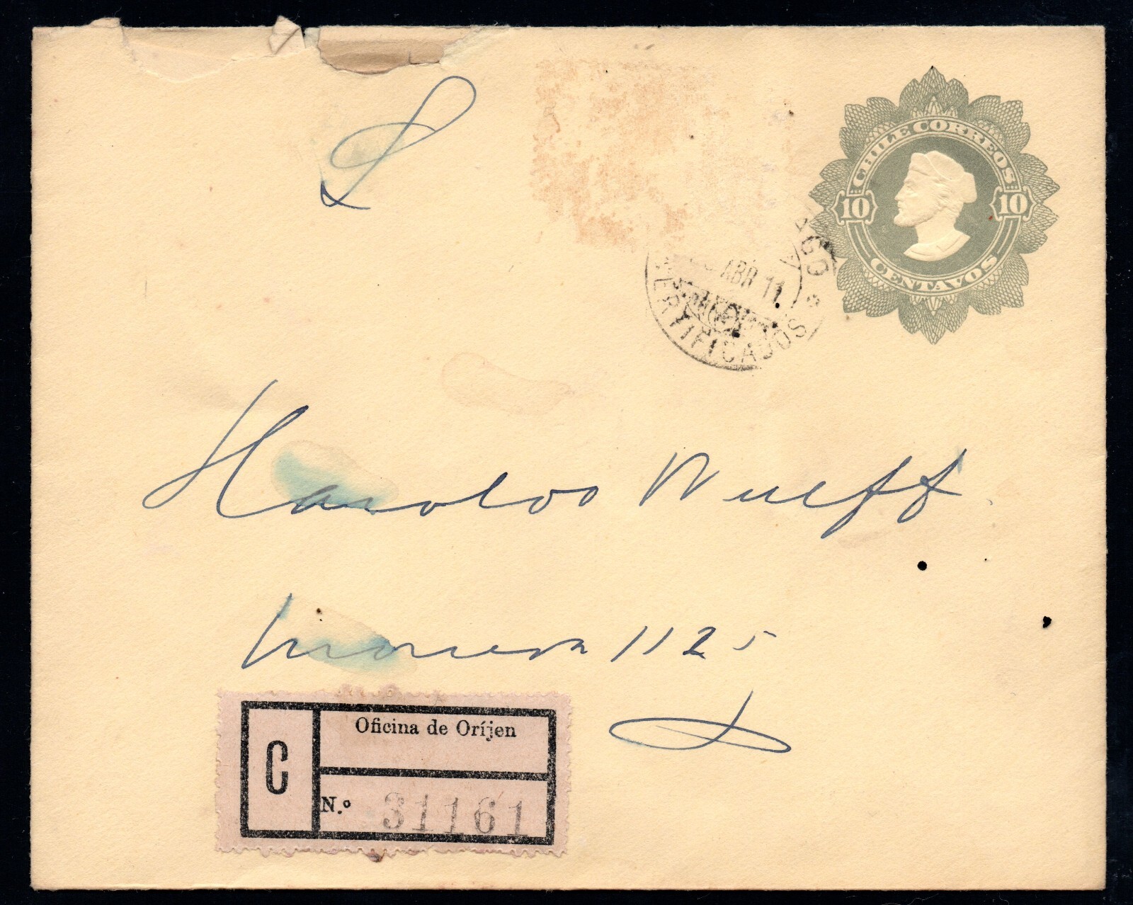 CHILE, SOBRE COLON IMPRESO DE 5, MATASELLOS DE SANTIAGO (SO-146)