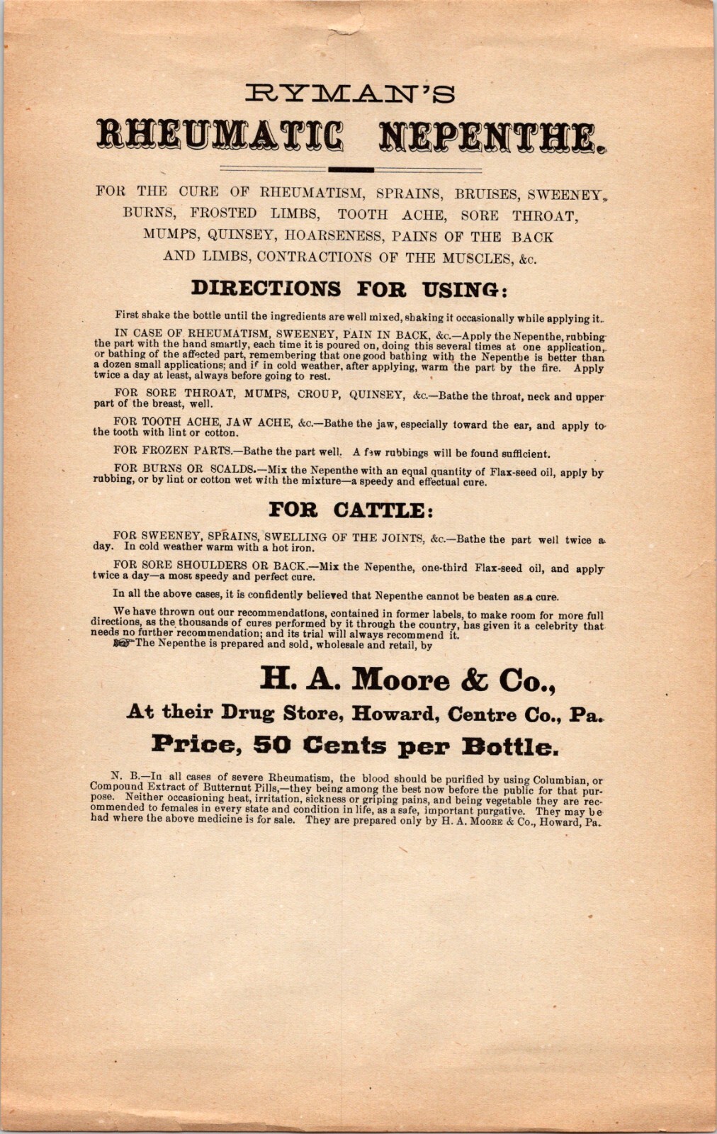1900S RYMANS RHEUMATIC NEPENTHE H A MOORE CO QUACK MEDICINE HOWARD PA BL131