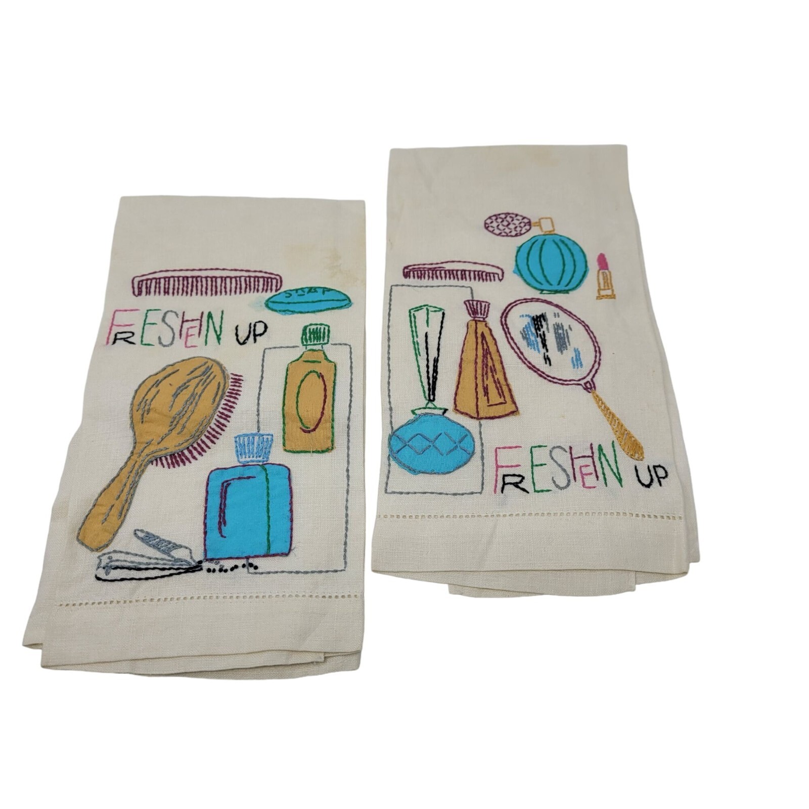 Vtg 60s Embroidered Linen Hand Towel Set Kitschy Vanity Bathroom Prop Display
