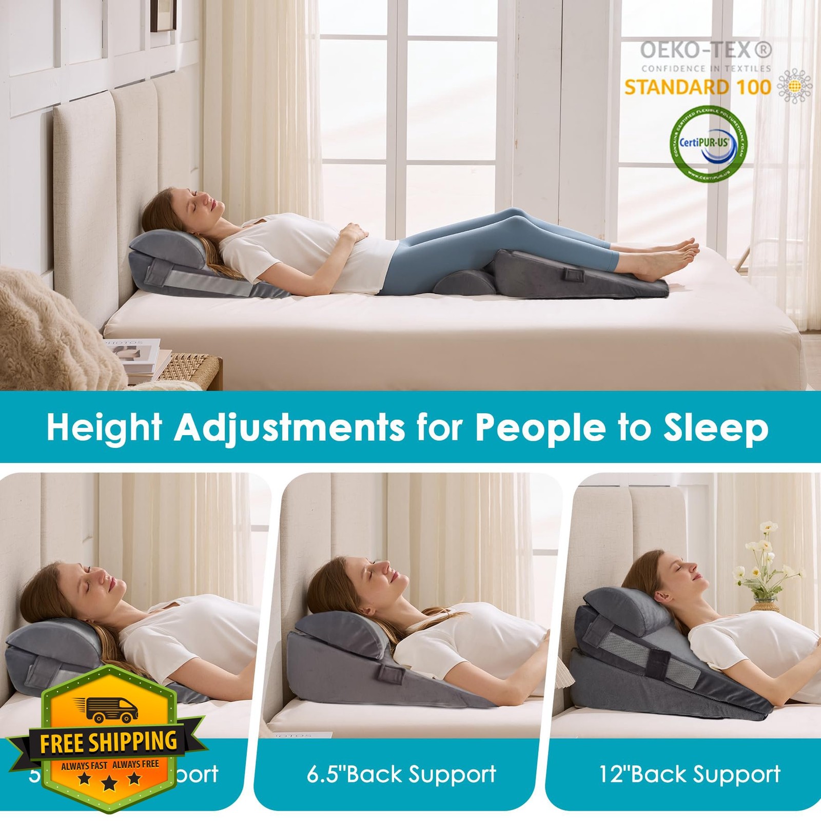 WGAKCED Wedge Pillow Set 3pc Grey Plush Memory Foam for Sleeping