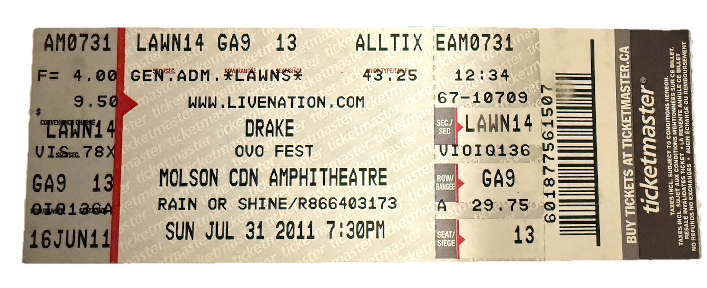 RARE 2ND Drake OVO FEST Ticket Stub July 31, 2011 - Molson Canadian Amphitheatre