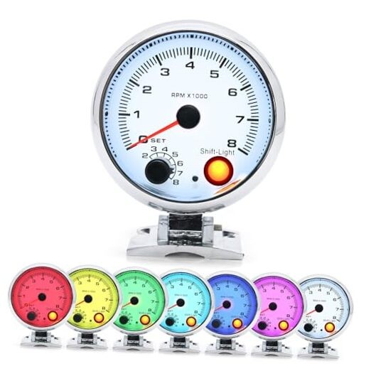  3.75 inch (95mm) Tachometer with Shift Light, 8000 RPM Gauge, 7 Color White