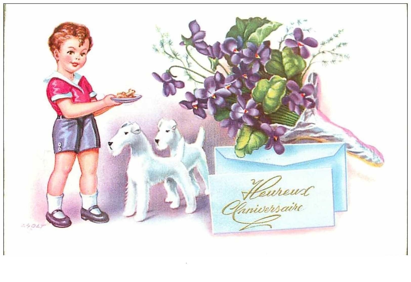 Dogs No. 14555 Boy And His Two White Dogs Purple Flowers Happy