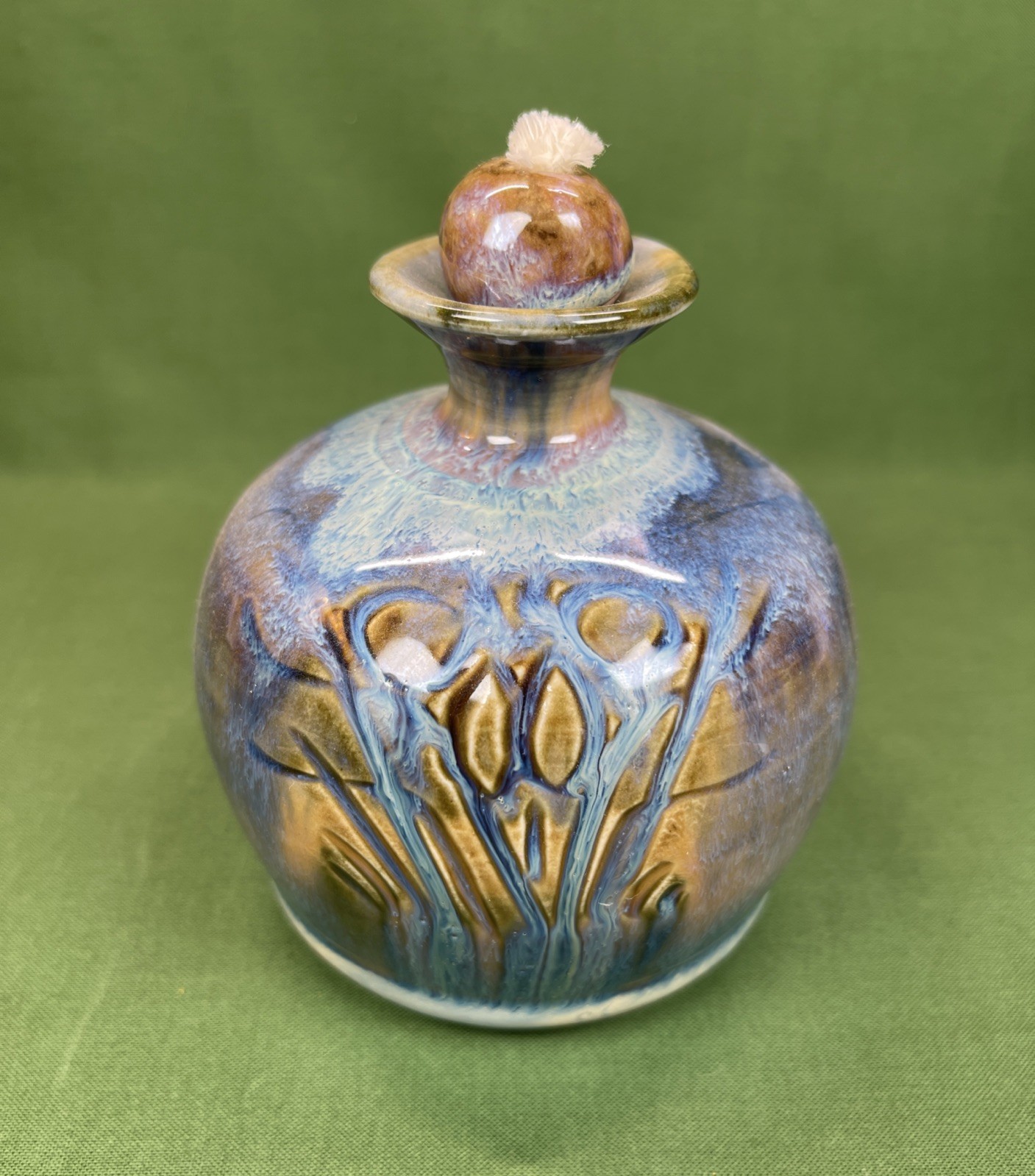 Studio Art Pottery Oil Lamp Purple Multicolor Signed Greg Olson 4.75" Tall 4" W