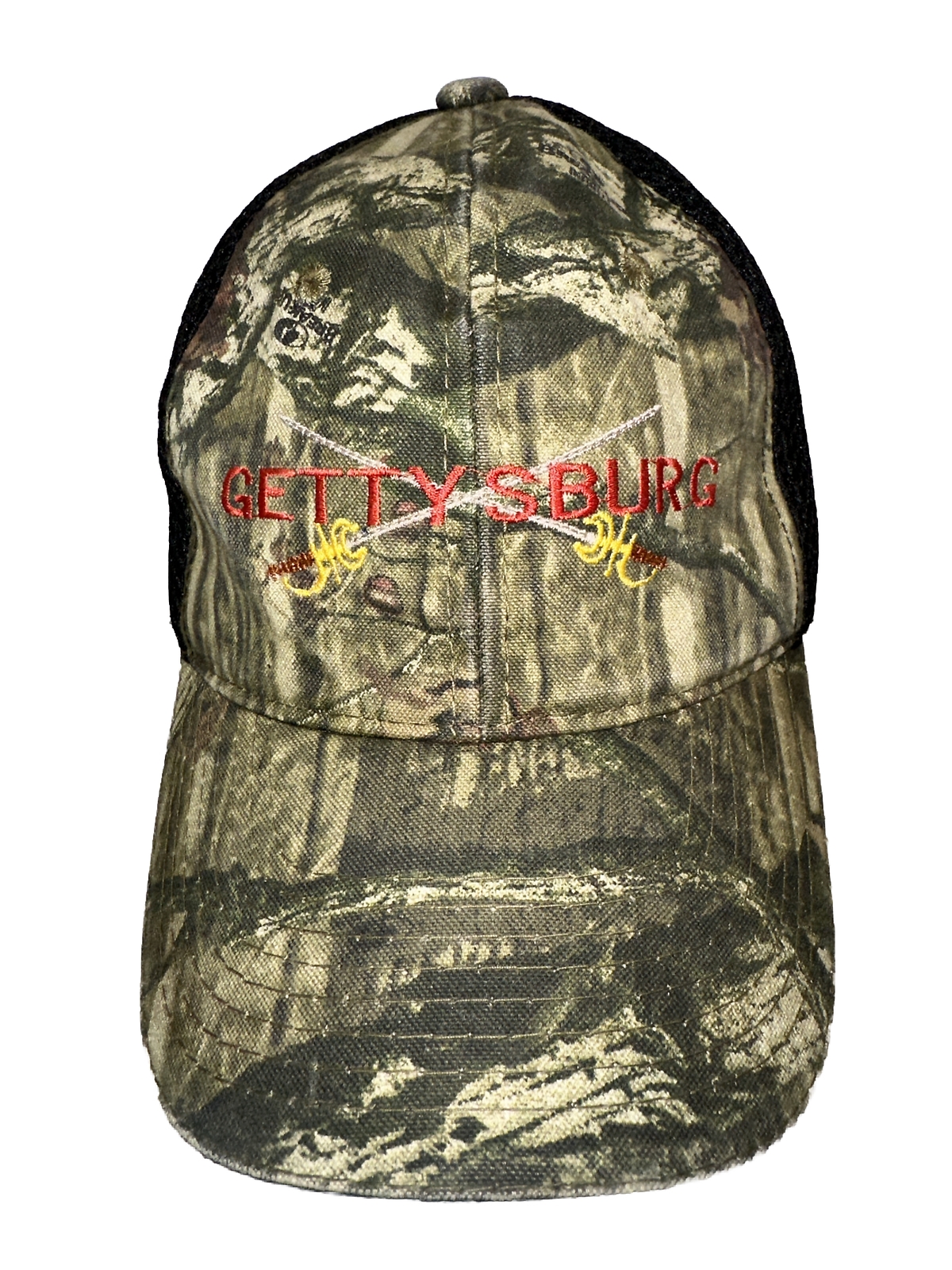 Gettysburg With Crossed Swords Hat Cap Camouflage with Black Mesh Knit Hook Loop