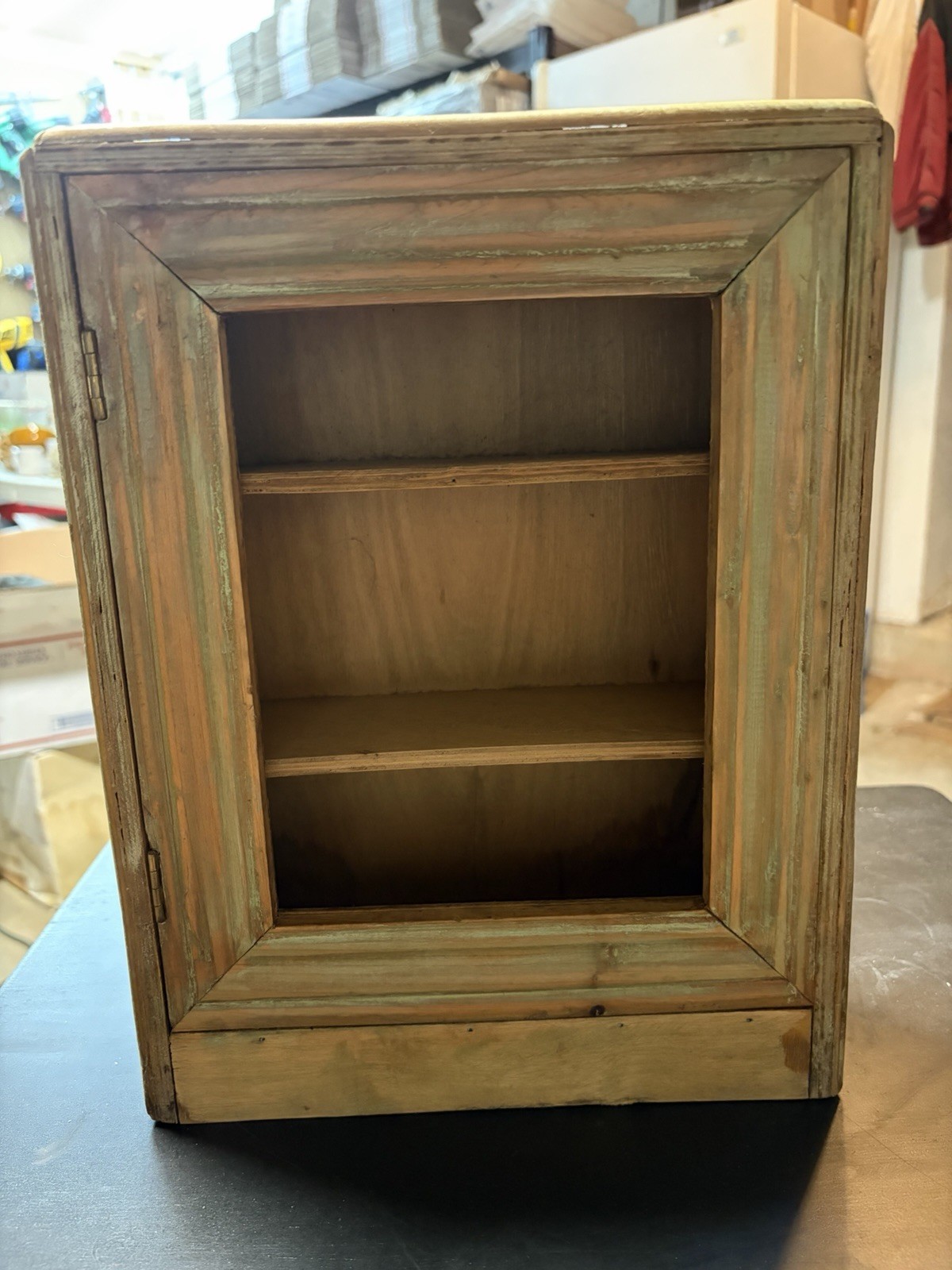 vintage wood and weave display cabinet