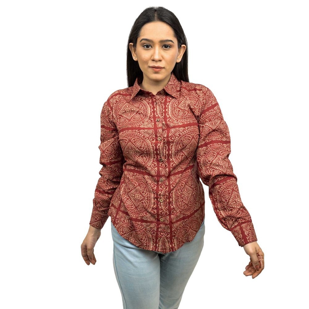 Sanskriti Dark Red Printed Cotton Modal Floral Casual Full Sleeves Shirts