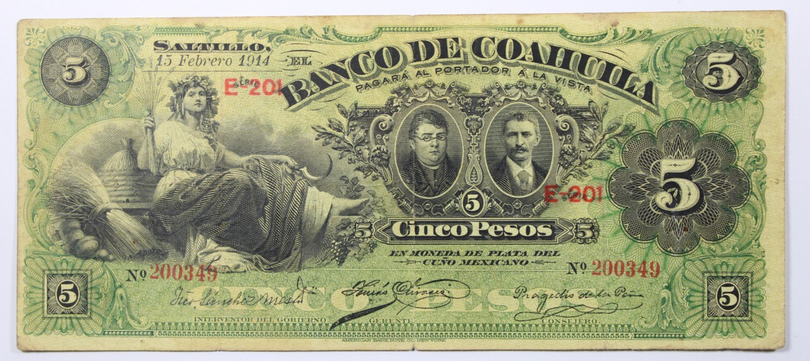 1914 MEXICO ~ BANCO DE COAHUILA 5 PESOS ~ PS-195c SCARCE EARLY DATE. Fine #0520