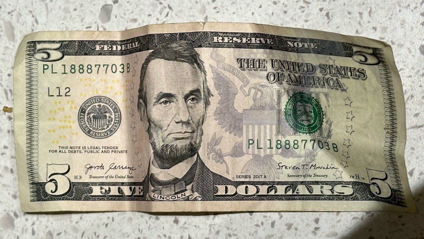 FANCY SERIAL NUMBER  88877 $5.00 DENOMINATION. Bill