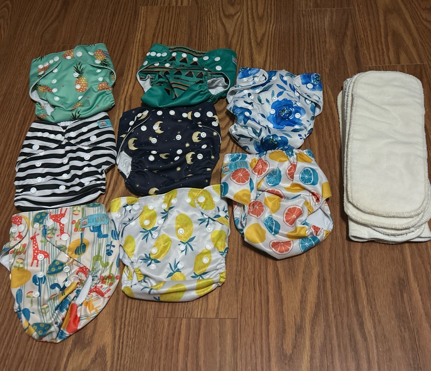 Alva Baby Reusable Pocket Covers Lot of 8 & 8 Thick Inserts Adjustable One Size