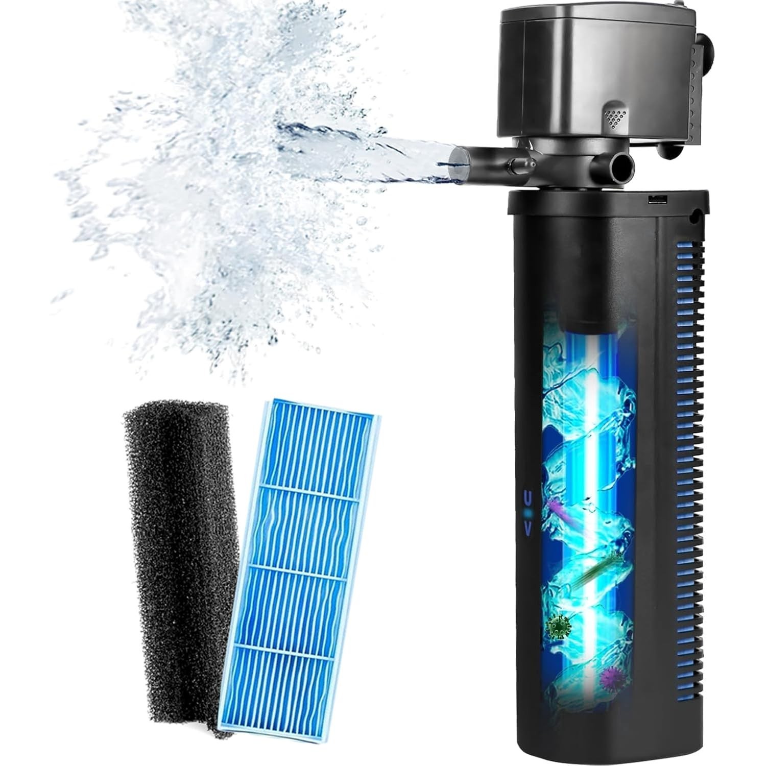 Dual Spout U-V Filter 600GPH for 100-300 Gallon Fish Tank & Koi Pond - Silent Ca