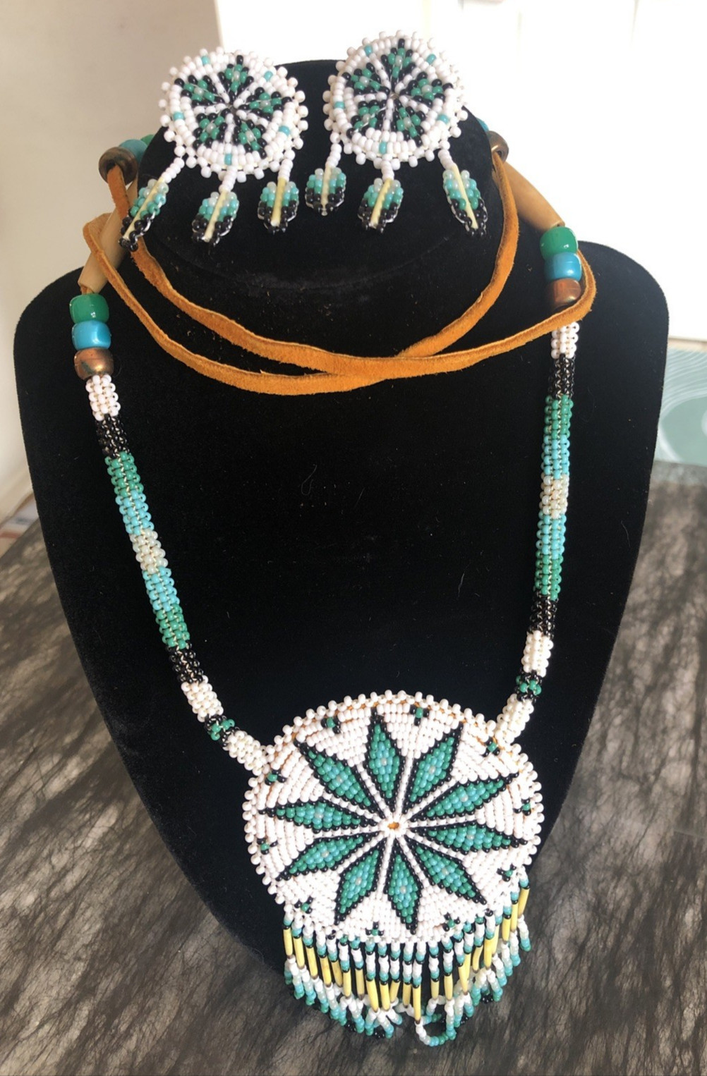 Native American Necklace & earrings  Seed Bead leather Medallion Boho festival