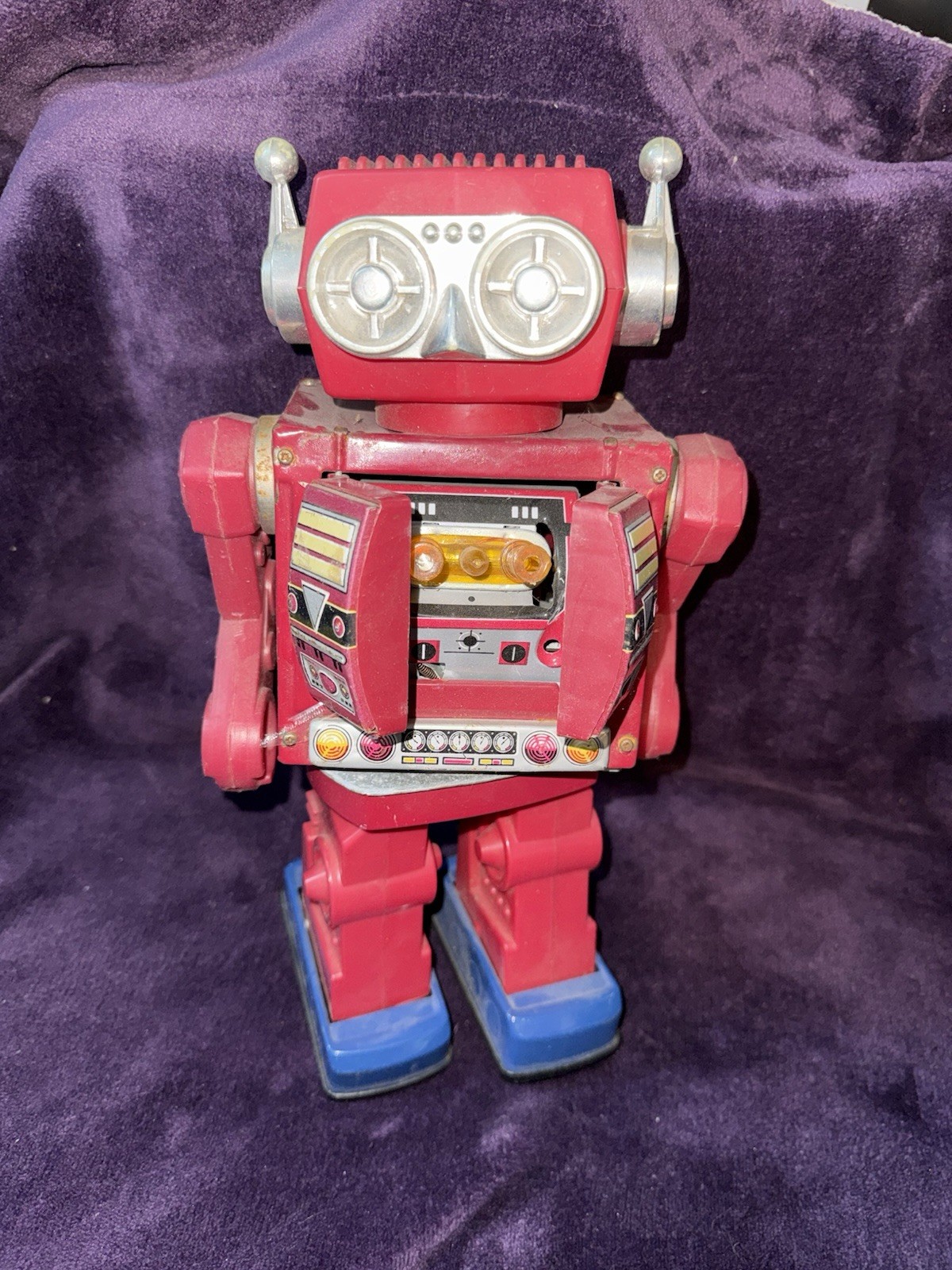 Vintage Red Tin Robot Toy Battery Operated Mechanical with Opening Chest