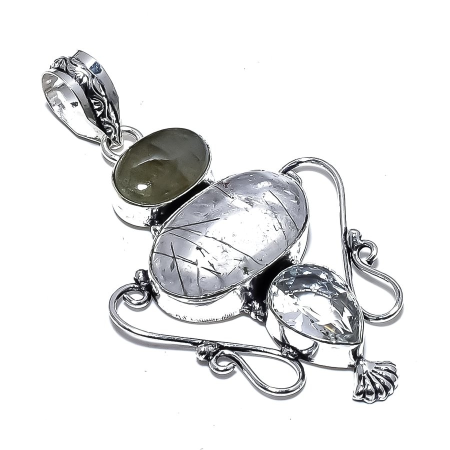 Black Rutile Quartz,Labradorite Gemstone 925 Sterling Silver Pendant 2.5" e476