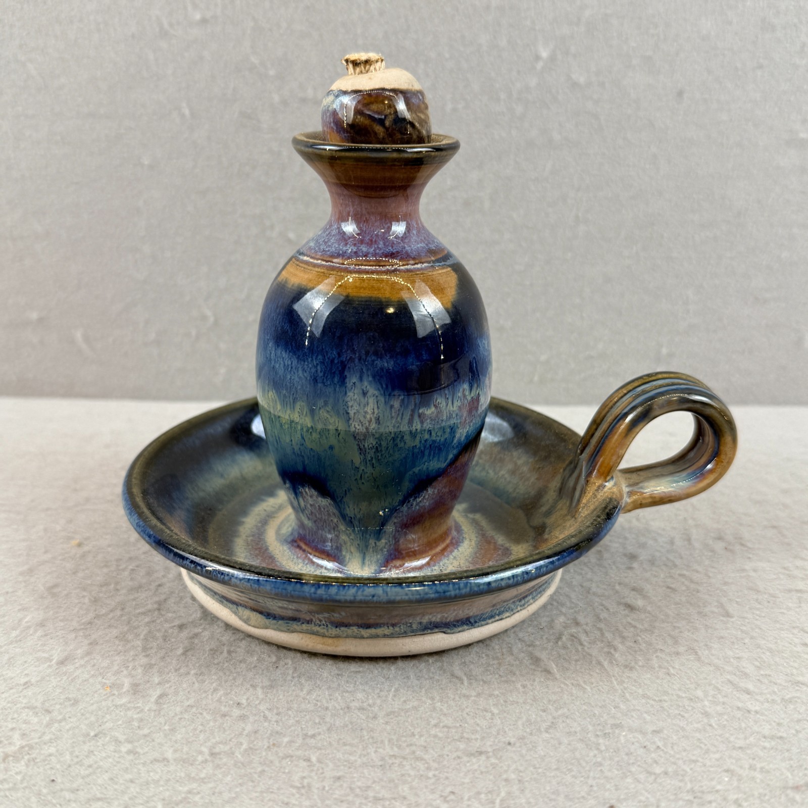 Vintage Studio Art Pottery Oil Lamp Handled Blue Drip Glaze Signed Stoneware
