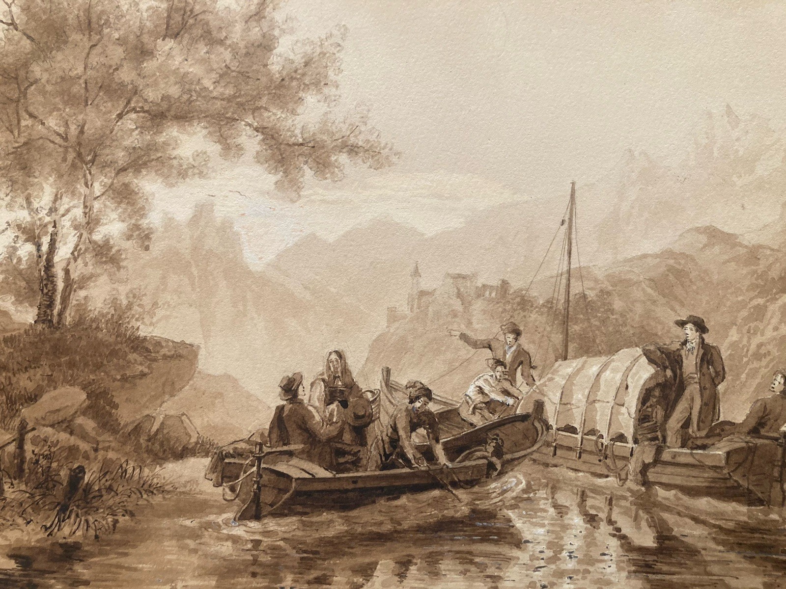 Beautiful Painting Drawing Ink Landscape Boat Castle River To Identify 19th Art