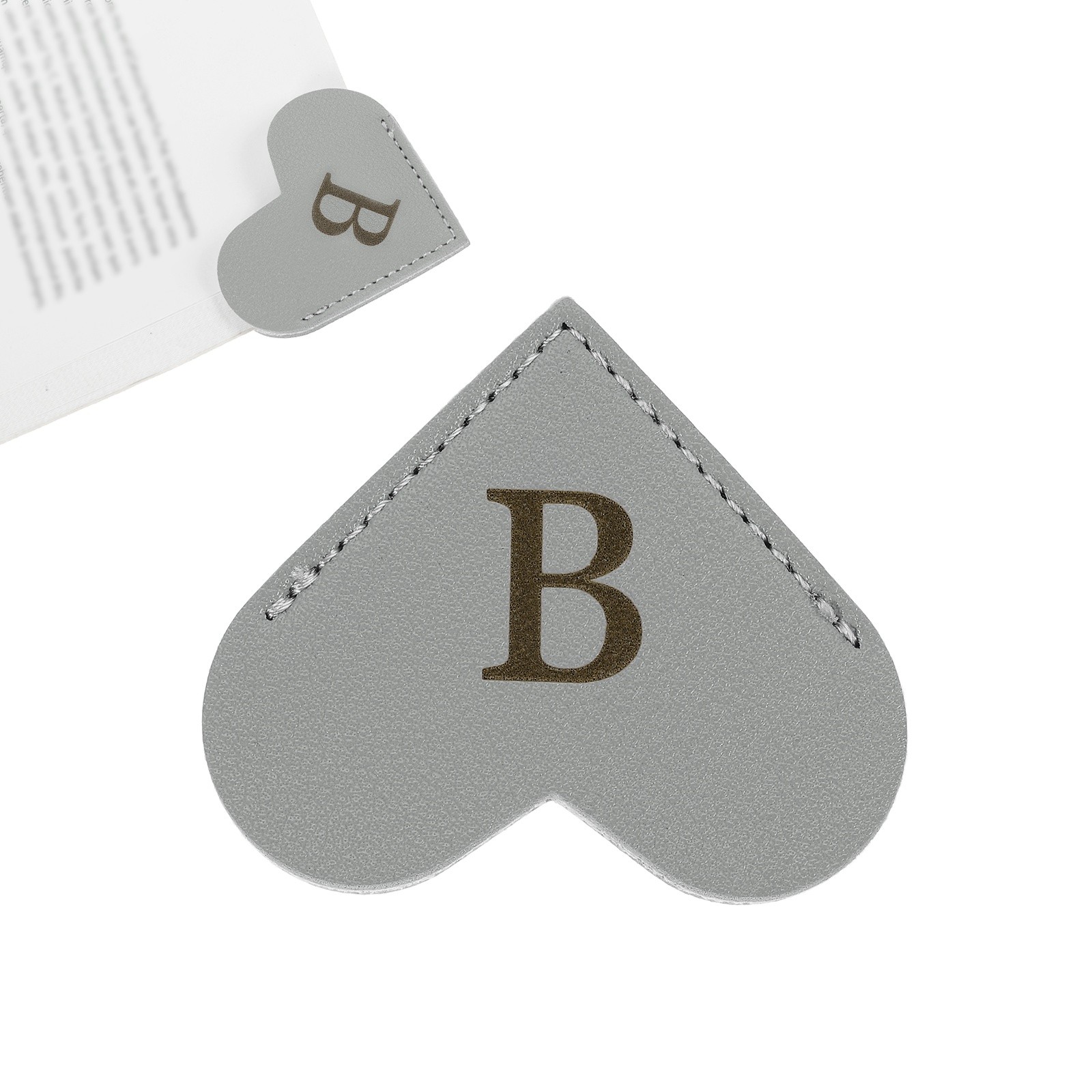 Initial B Corner Bookmarks,  Heart Shape Leather Book Marks Markers, Gray