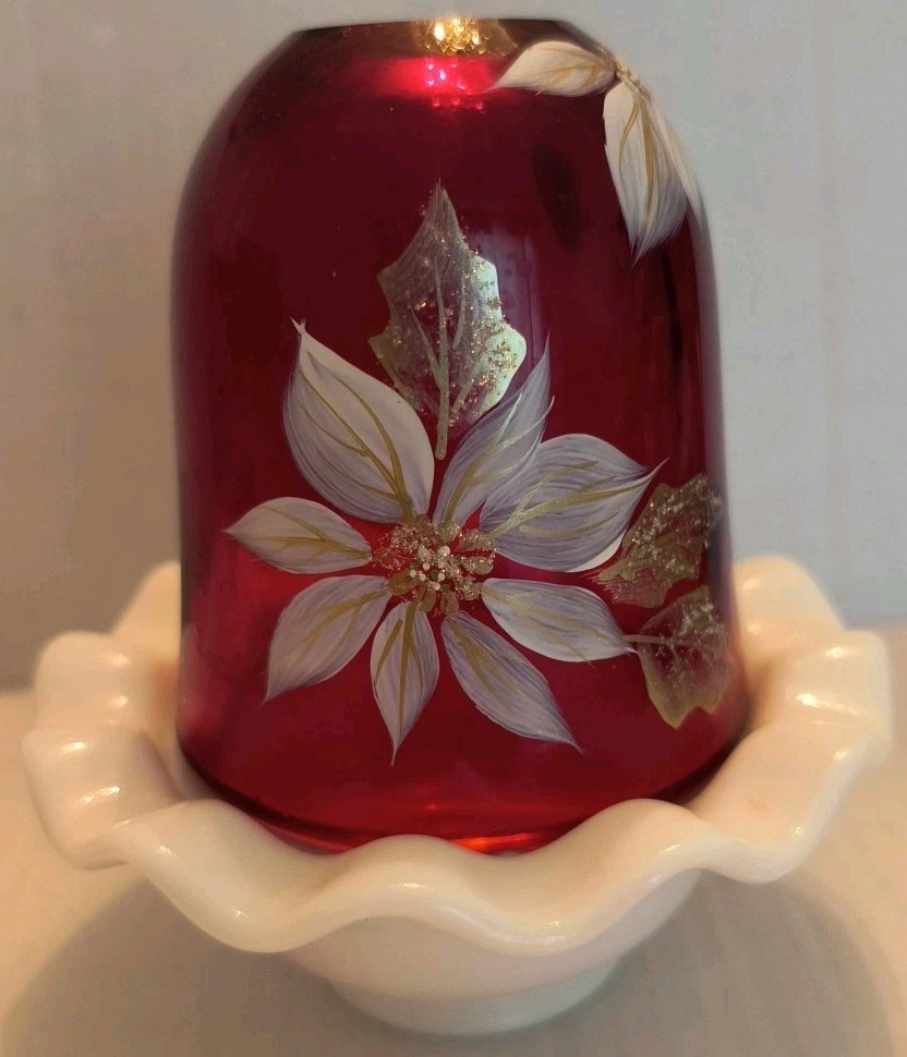 Fenton Cranberry Floral Fairy Lamp 2 piece 4.5” Tall Signed Hand Painted 