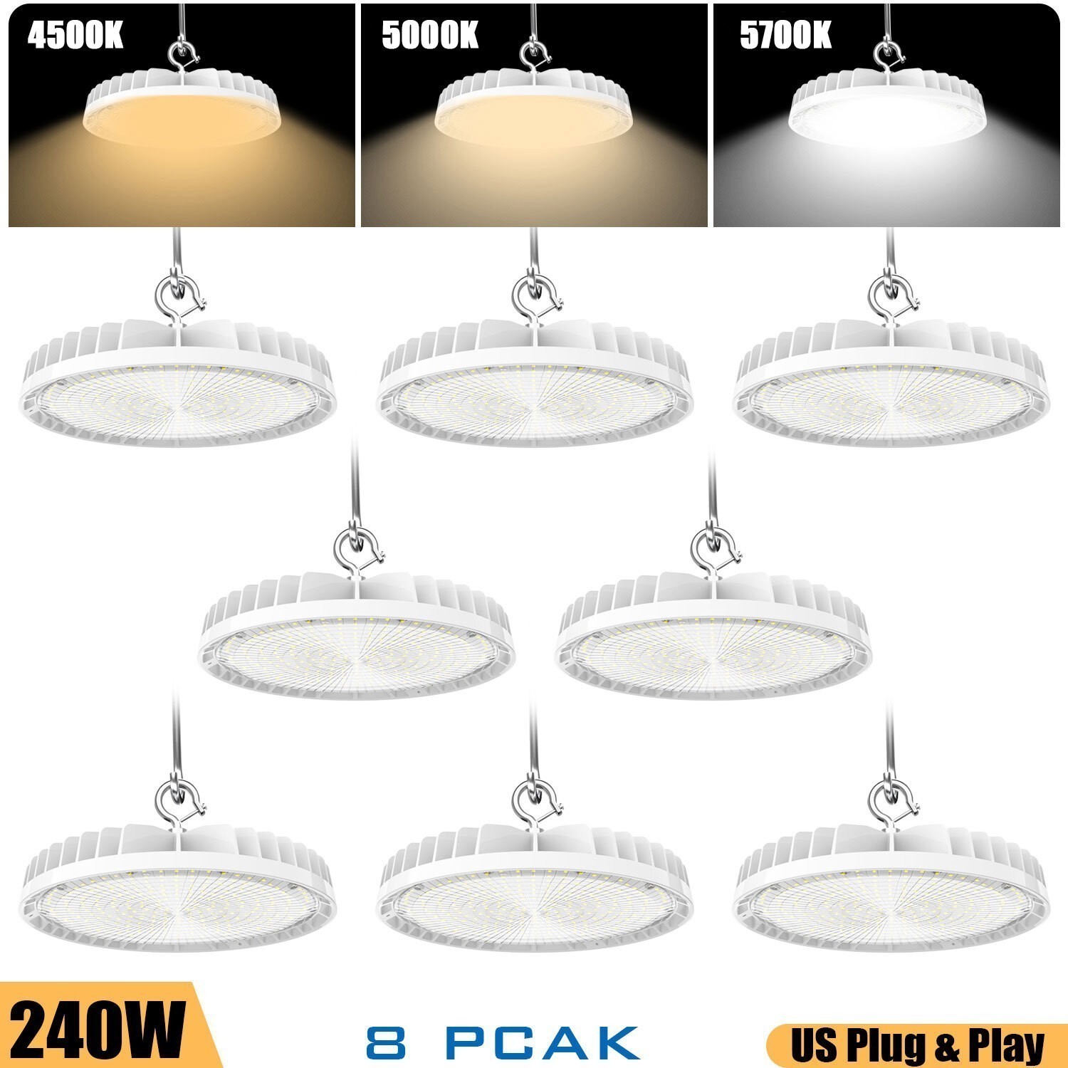 8 Pack 4500K - 5700K LED High Bay Shop Light Fixture 240W 36000lm Warehouse GYM