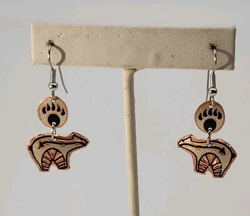 Southwestern copper spirit bear & paw dangle pierced earrings