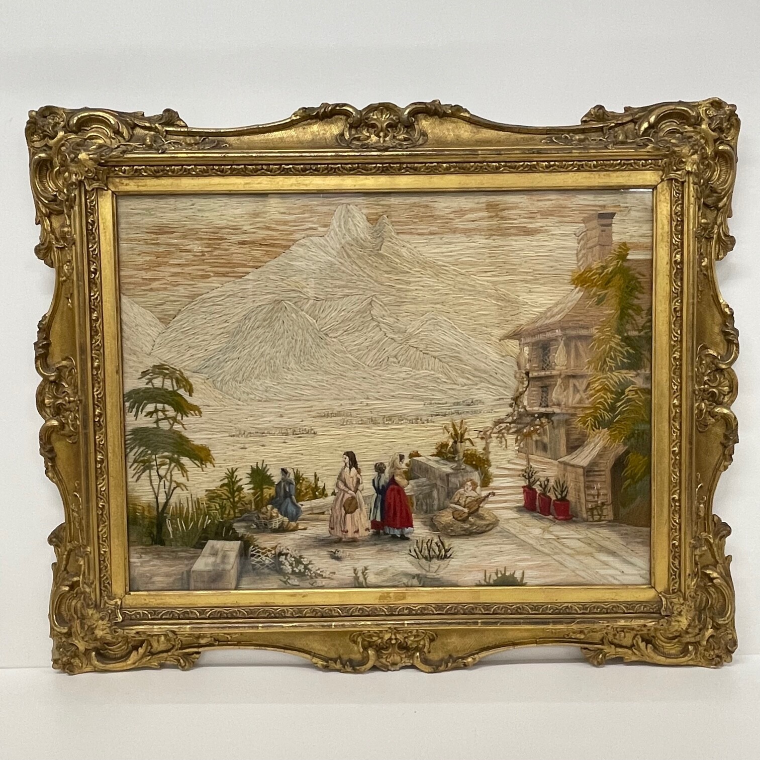 Antique Sampler Victorian Needlework Picture 19th Century Alpine Scene Framed 
