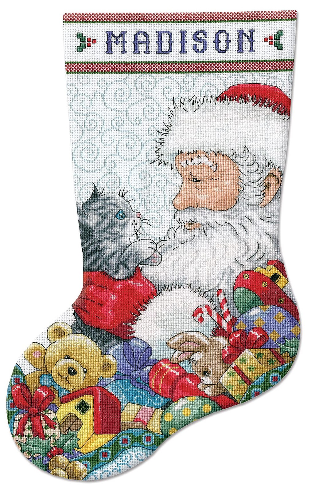 Design Works Crafts Santa w/ Kitten Counted Cross Stitch Stocking Kit New