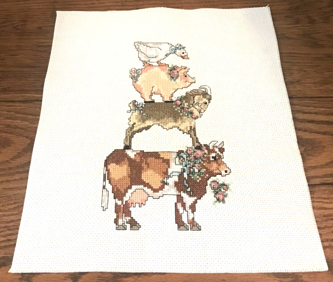 VTG Completed Cross Stitch 1990's Farm Animal Farmhouse Decor Cow Pig Goose Goat