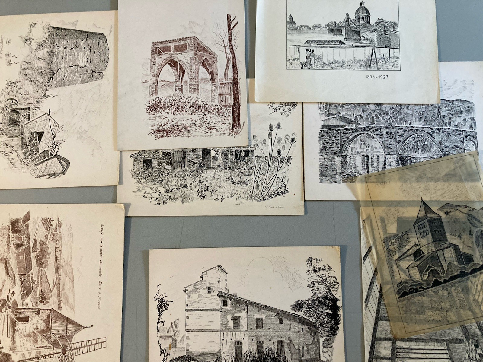 Lot 8 Drawing Art Ink Eglise Stone South West France Building Mill 1970 20th