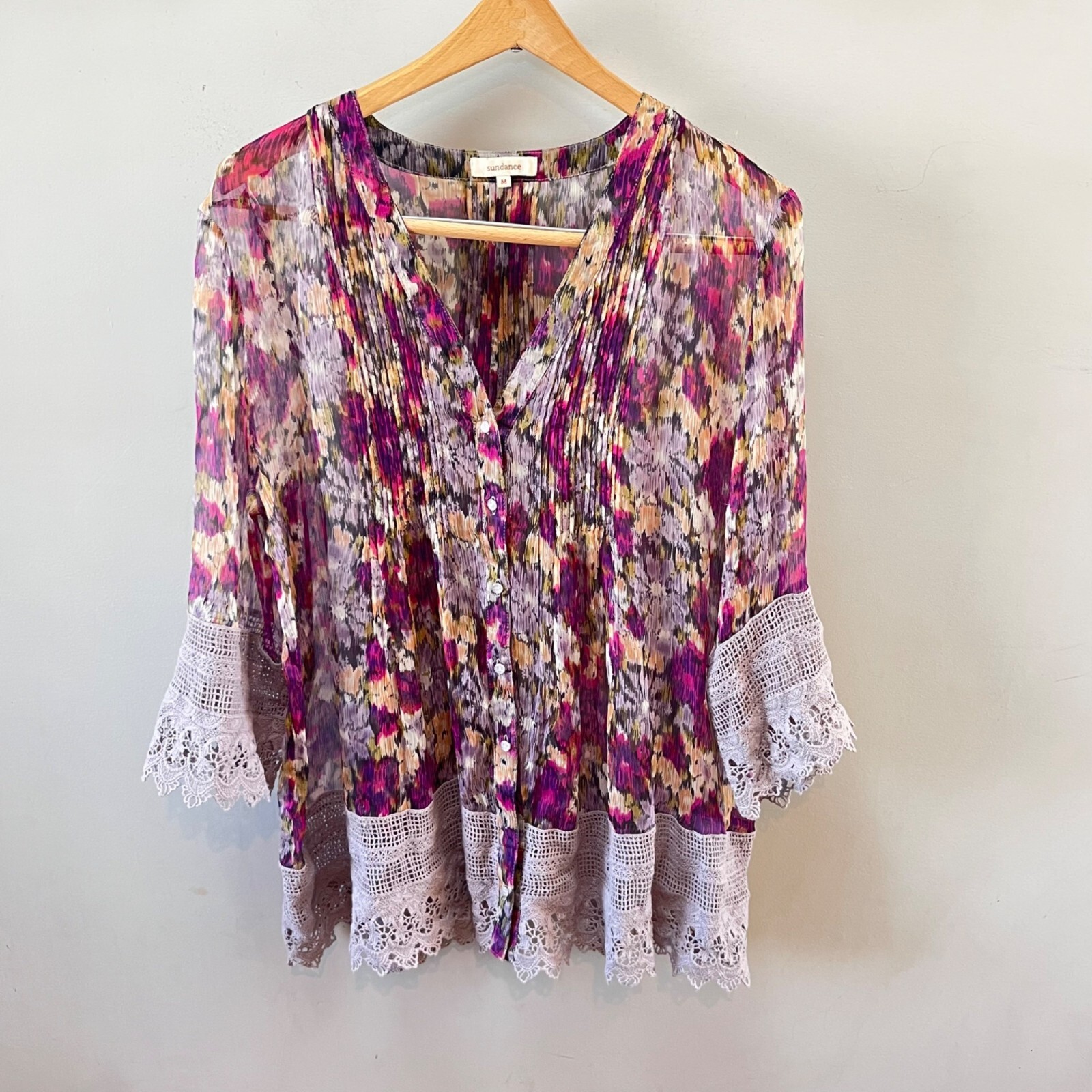 Sundance Womens Multicolor Printed Silk Blouse W/ Lace Trim Bell Sleeves Size M