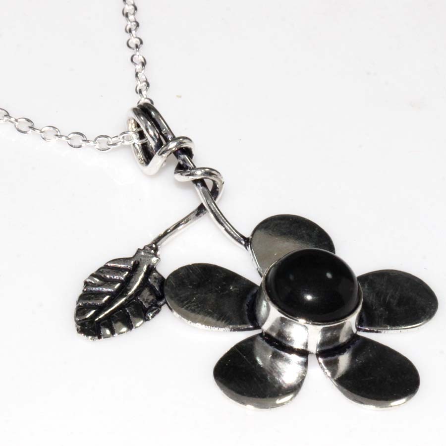 Flower Leaf Black Onyx 925 Silver Plated Necklace 17" Handmade Gift Jewelry JW