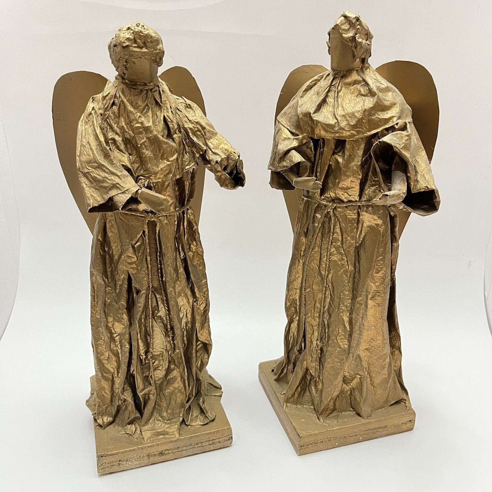 Vtg Paper Mache Old Mold Angel Figurines 12.5" Primitive Rustic Design Gold