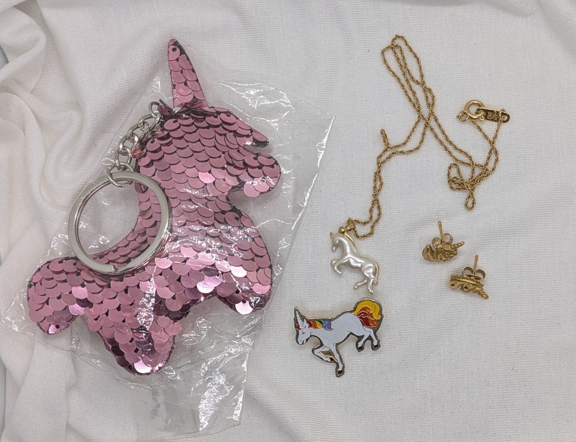 Unicorn Lover Mixed Lot Necklace 15" Stud Earrings Pin Keychain Jewelry