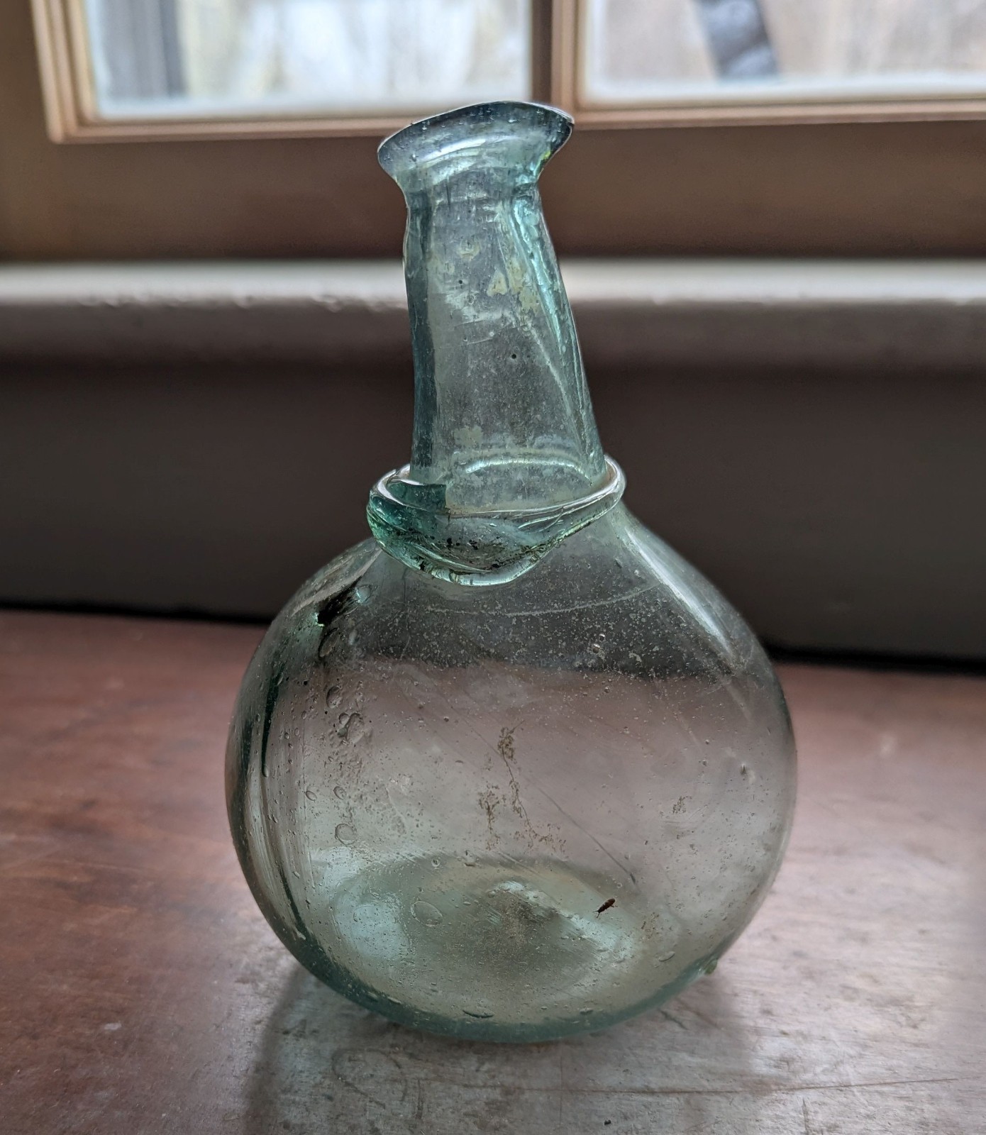 Antique aquamarine hand blown middle eastern Persian saddle flask / bottle