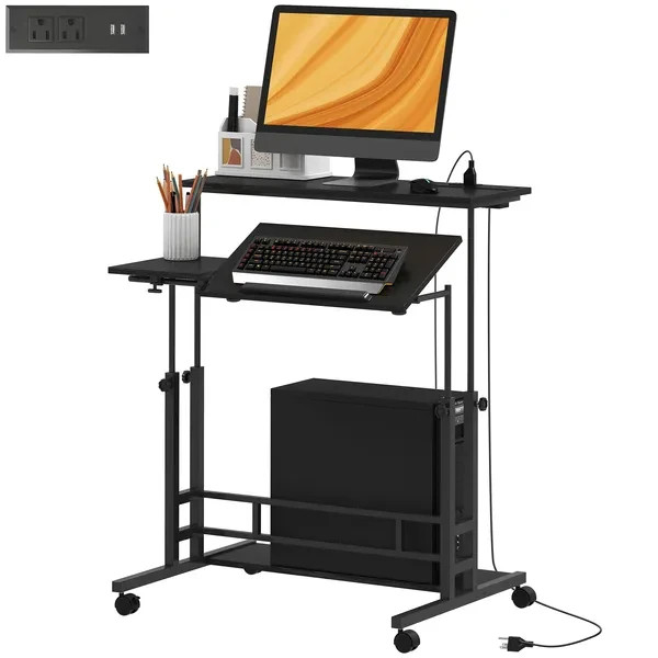 Adjustable Standing Desk with Power Outlets, Stand Up Desk with Tiltable Tableto