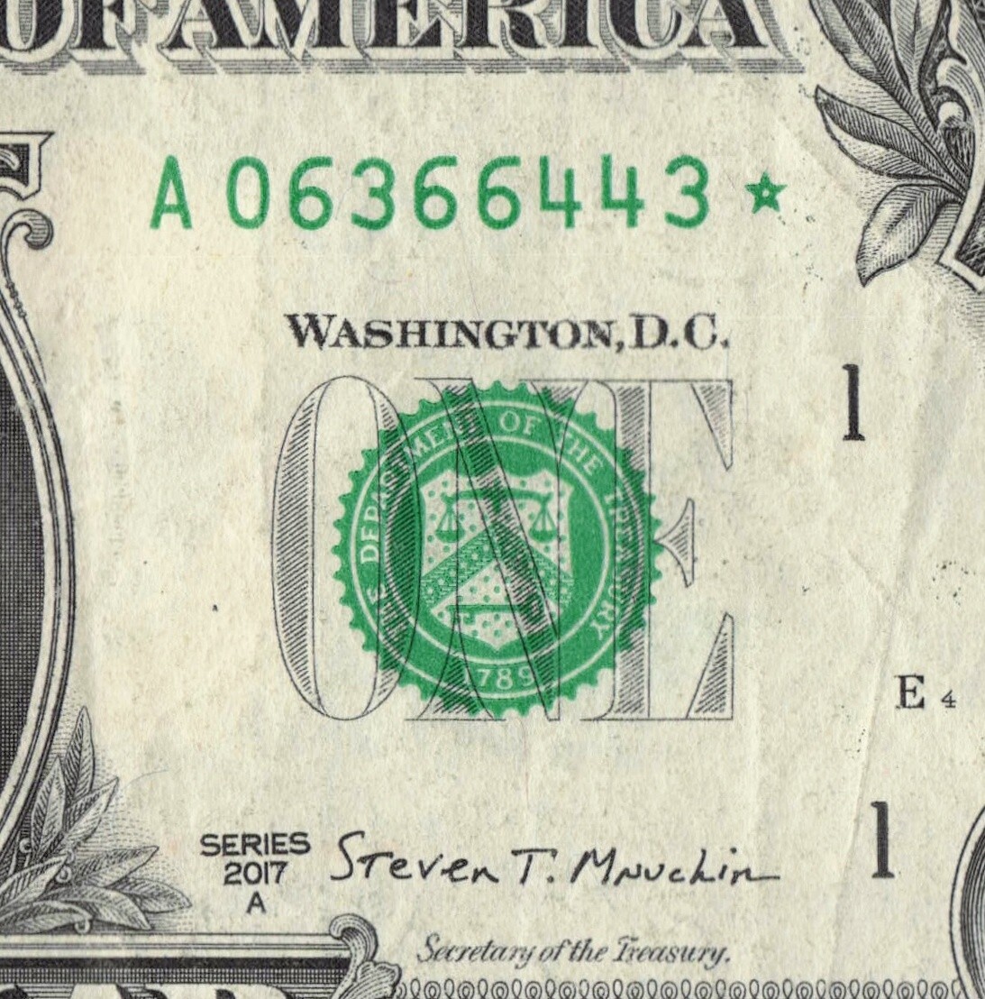Series 2017A Star Note $1 Dollar Bill A Boston 3.2 M Pack Run DC A06366443*