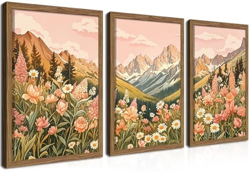  Boho Canvas Wall Art Set of 3, Wildflower 16L" x 12W" Flower Mountains Framed