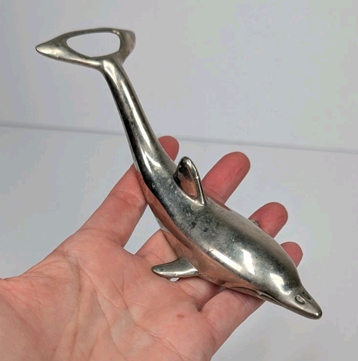Vintage Silver Tone Metal Dolphin Bottle Opener Twist Cap Flip Top Barware