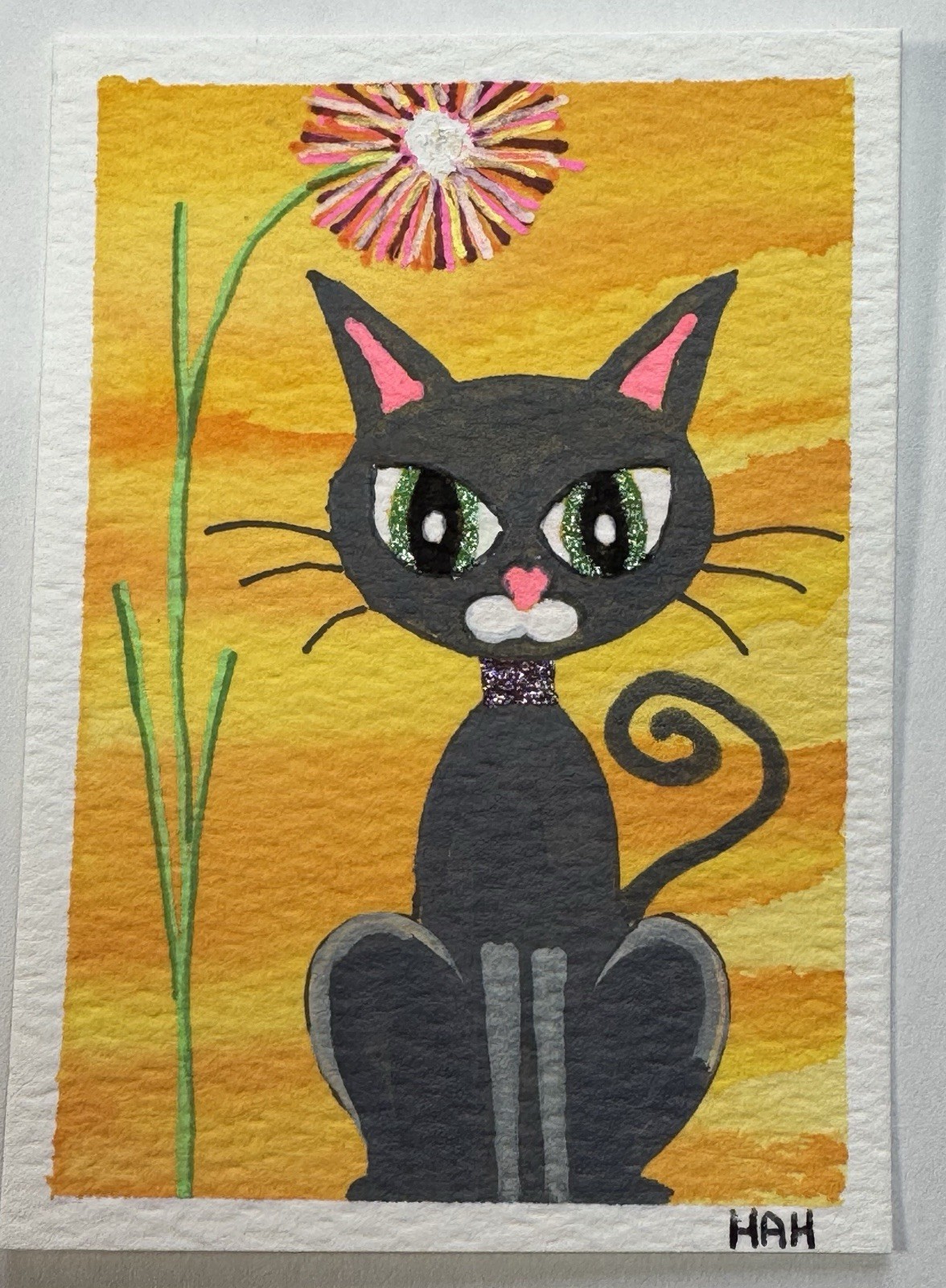 ACEO Original Watercolor And Acrylic Abstract Cat With Flower 2.5 X 3.5 Inches