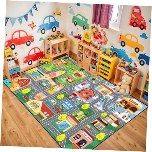 Car Rug for Kids Playroom - Road Rug for Boys Room Kids Play Mat with Road 