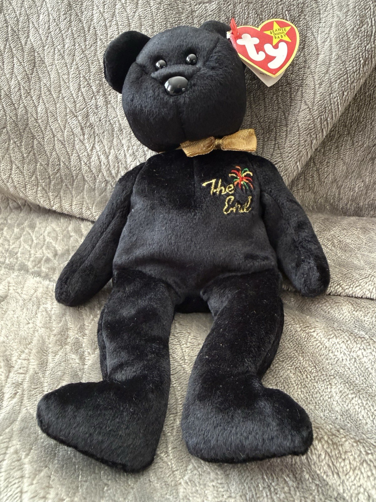 Ty Beanie Baby THE END Black Bear Yellow Bow Tie 8" Plush 1999 - Excellent!