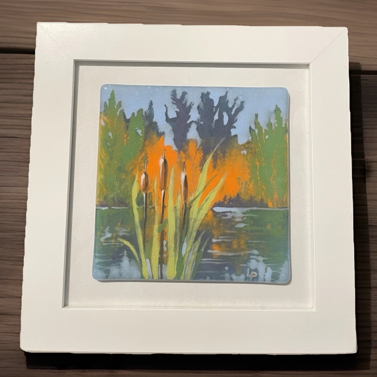 LP Fused Glass Wall Tile Cattails At Lake 6” In 10” Frame Gift Signed 