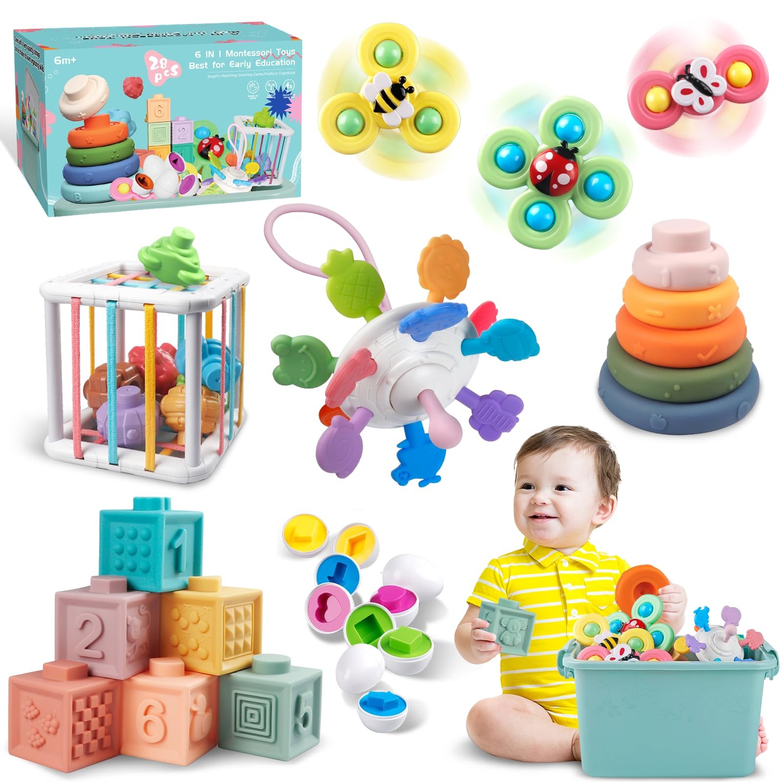 Baby Toys for 6 to 12 Months, Montessori Sensory Bins & Teething Toys, 6 in 1...