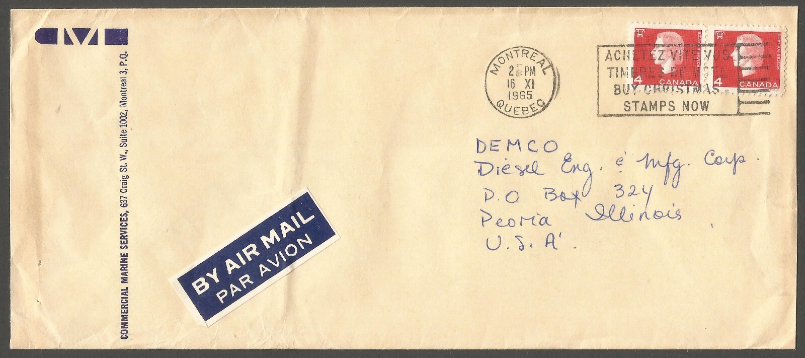 1965 Commercial Marine Services Advertising Cover 8c Cameos Slogan Montreal PQ