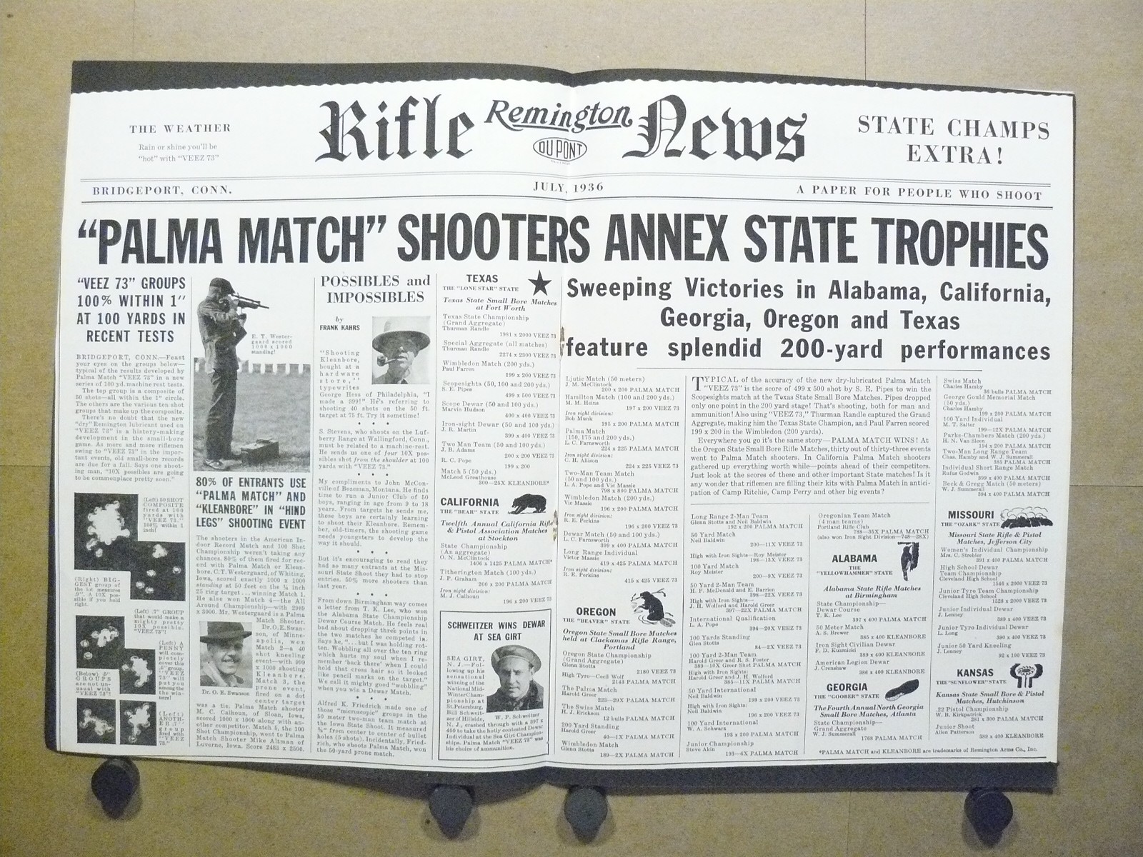 1936 Remington Rifle News Print Ad Palma Match State Trophies Texas California