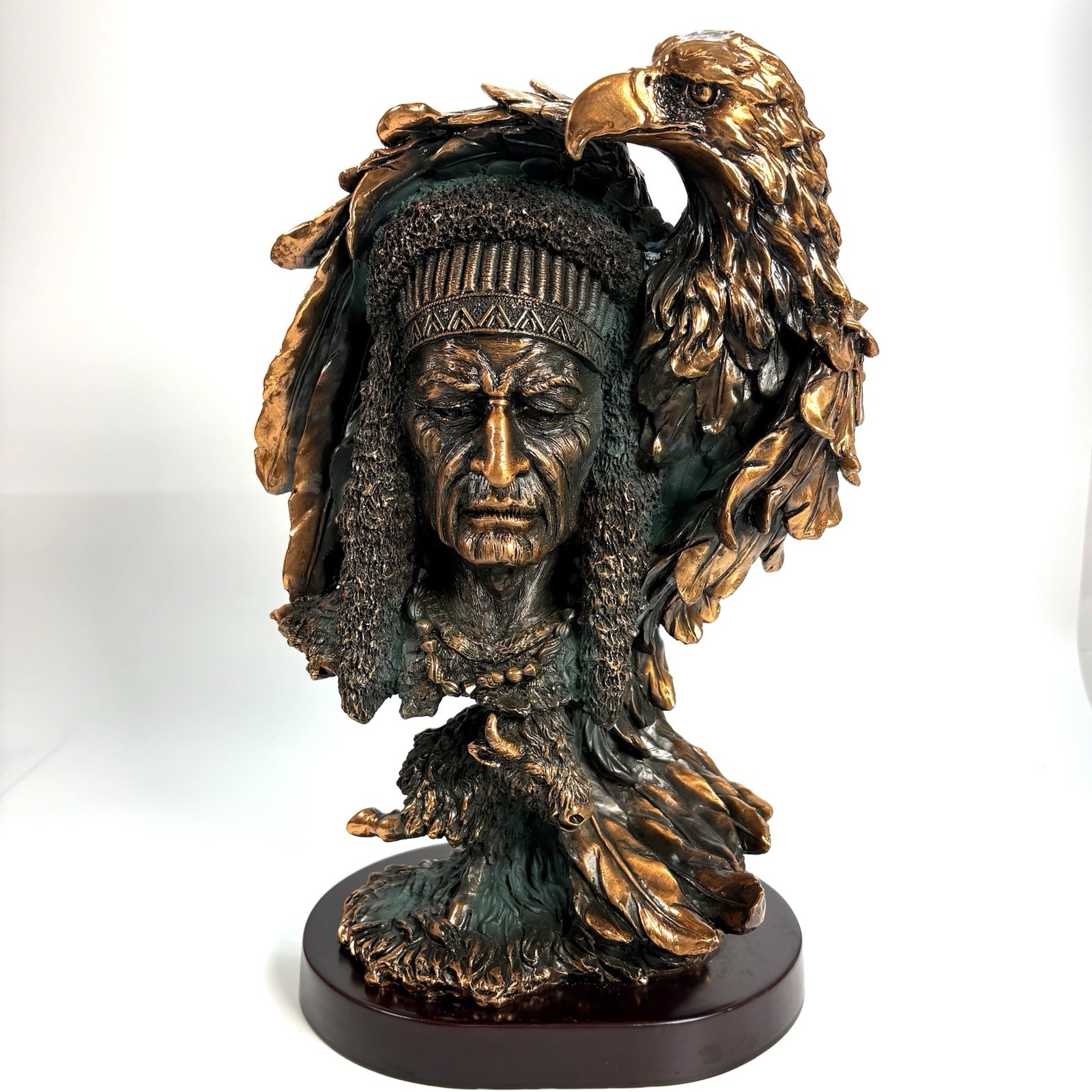 Indian Native American Art Chief Eagle Bust Copper Statue Sculpture