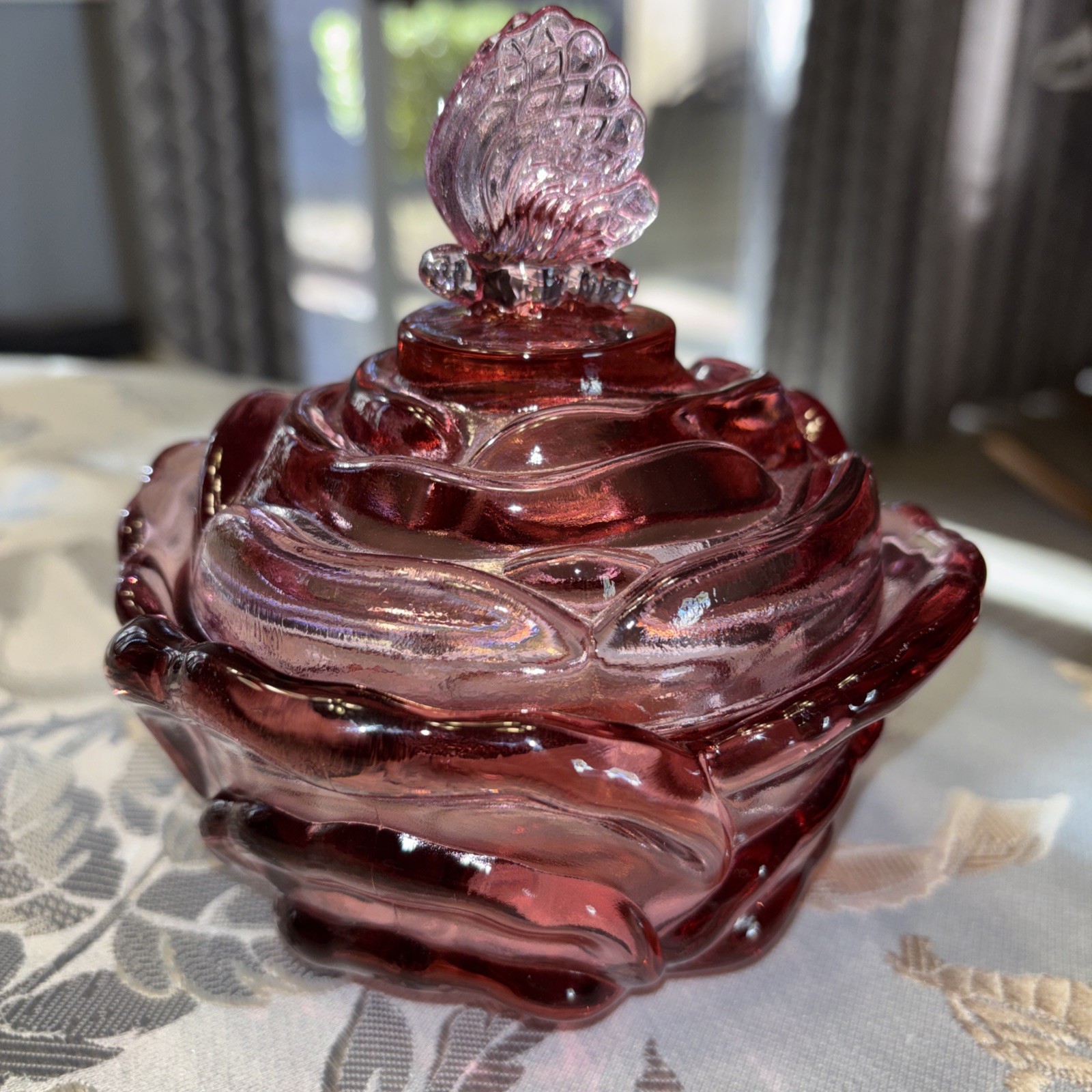 Fenton Lidded Pink Cabbage Candy Trinket Dish Butterfly Handle  Signed EUC