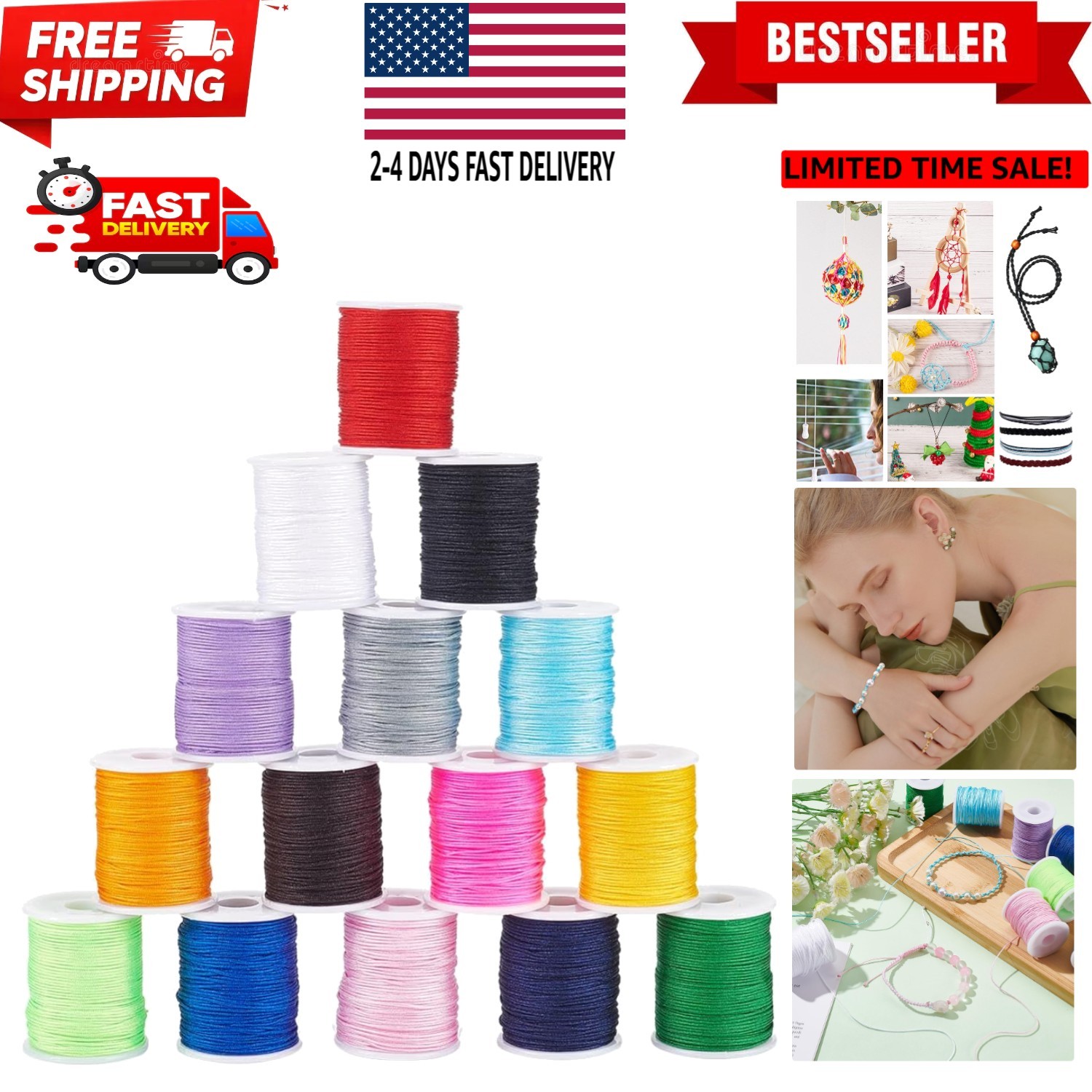 150 Yards 0.8mm Nylon Beading String for Bracelet, 15 Colors Chinese Knotting...