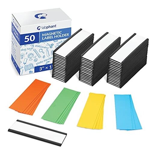 50 Pack "C" Channel Magnetic Label Holders 1x3 with 100 White Card Inserts, 50 